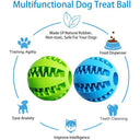 Multifunctional dog treat ball with food dispenser, natural rubber, for training, anxiety relief, teeth cleaning, and intelligence improvement.