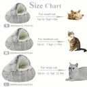 Round plush pet bed, available in small, medium, and large sizes for cats and small dogs, featuring a cozy sleeping cave design.