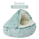 Green plush pet bed with removable cover for cats and small dogs, ideal for winter warmth and comfort.