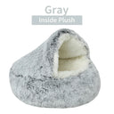 Gray plush round pet bed with removable cover, ideal for cats and small dogs; warm, cozy sleeping nest for winter.