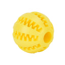 Durable rubber dog treat ball toy with textured grooves for dental health and interactive play.