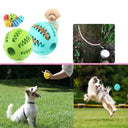 Interactive dog toy ball with treat dispenser, durable rubber design for chewing, dental cleaning, and fetch activities for pets.