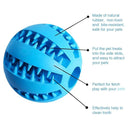 Interactive dog toy ball made of durable, non-toxic rubber with treat-dispensing and tooth-cleaning features, perfect for chewing and play.