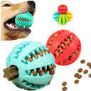 Dog toy ball with treats inside, durable rubber for chewing, supports dental health, interactive play for pets.