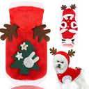 Pet Christmas flannel hoodie with Santa and elk designs, warm winter fleece sweater for cozy holiday wear.