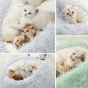 Warm plush round pet bed for cats and small dogs, cozy winter sleeping nest with removable cover.