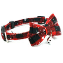 Plaid pet collar with snowflake pattern, bowknot, bell, adjustable strap, and breakaway safety buckle.