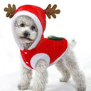 Pet wearing a festive elk design flannel hoodie for Christmas, made from soft fleece for warmth and comfort.