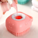 Soft silicone dog bath massage brush with liquid dispenser for gentle pet grooming.