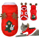 Pet Christmas flannel hoodie with elk and Santa designs, warm winter soft fleece for cats.