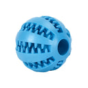 Interactive dog food treat ball toy with durable rubber design for chewing and dental cleaning.