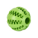 Interactive dog toy ball made of durable rubber with treat-dispensing and tooth-cleaning features for pets.