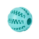 Interactive dog toy treat ball with textured grooves for dental health, durable rubber construction, and treat-dispensing feature.